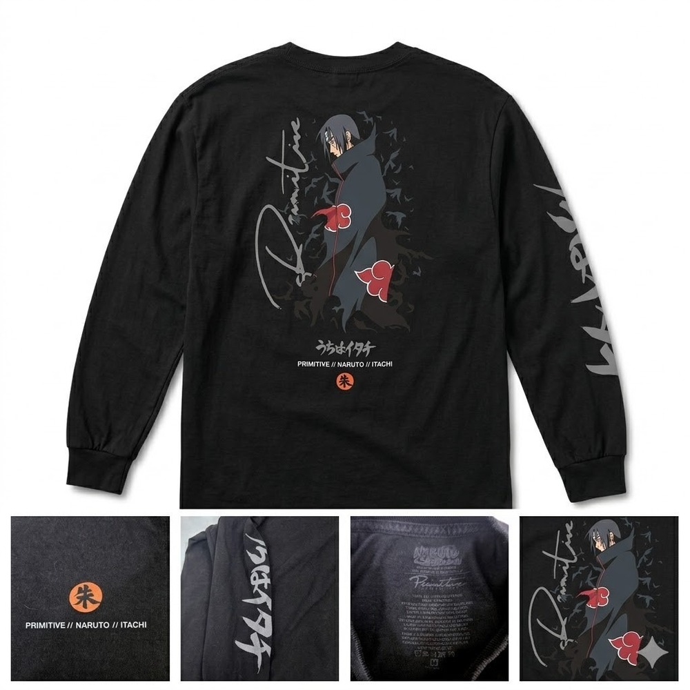 Primitive Naruto Itachi Uchiha Long Sleeve Shirt Black M Anime Skate‎ Streetwear